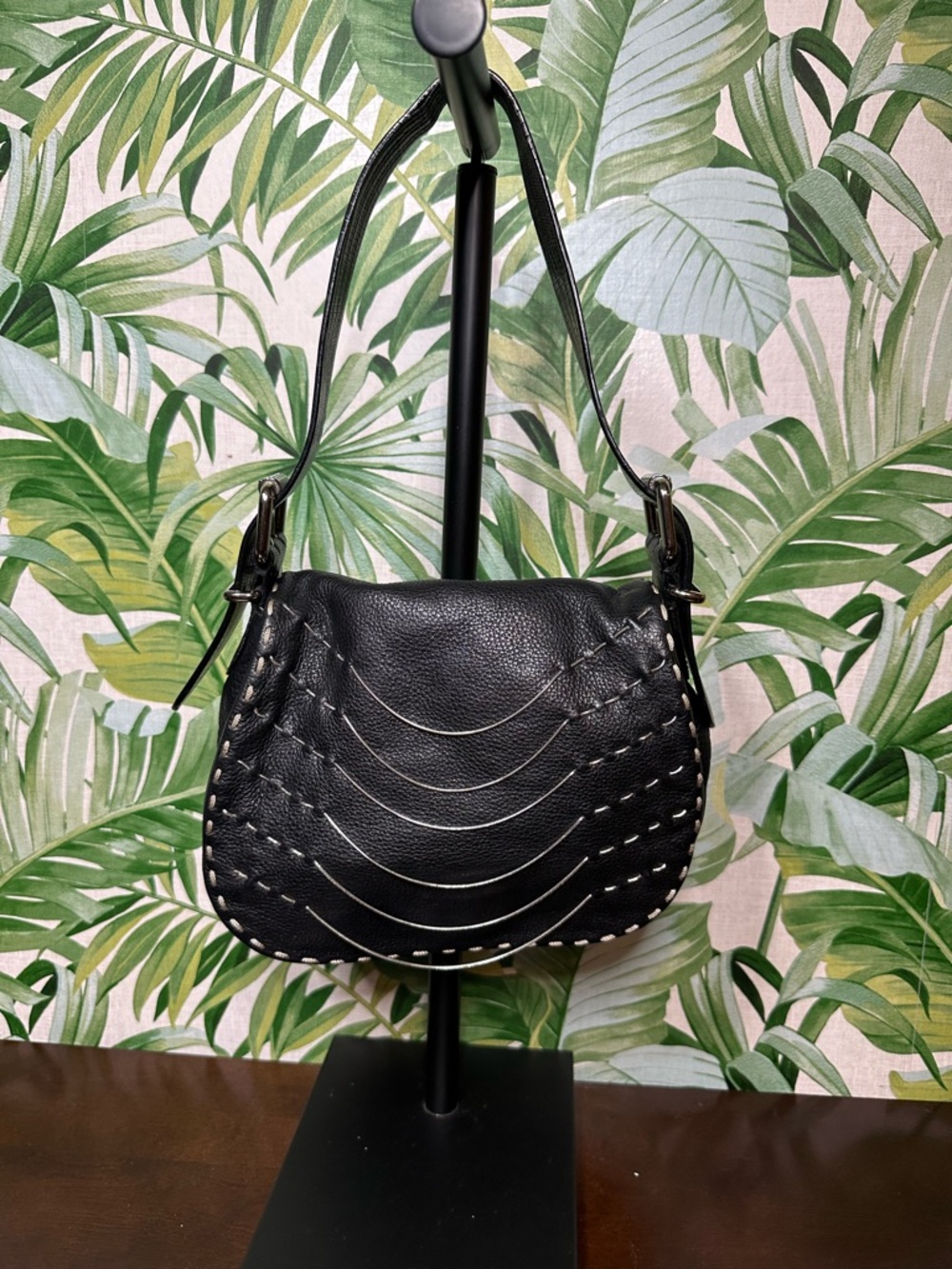 Black Chain Stitched Leather Shoulder Bag
